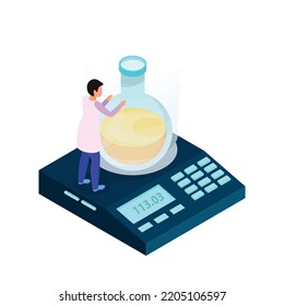 Science research icon with scientist weighing flask on electronic scales 3d isometric vector illustration