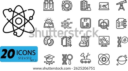 Science and Research Icon Set: 20 Outline Vector Illustrations Representing Scientific Disciplines