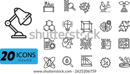 Science and Research Icon Set: 20 Outline Vector Illustrations Representing Scientific Disciplines