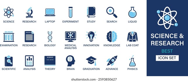 Science and research icon set collection. Experiment, study, search, liquid, examination, biology, medica, scientific, analysis. And solid icons.