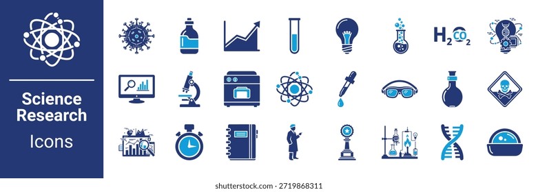 Science Research Icon Set Laboratory, Chemistry, Biology and Technology Flat Icons