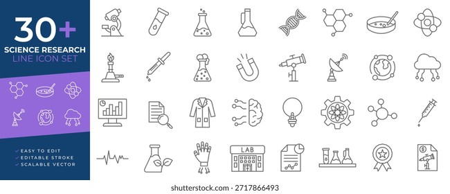 Ícone de pesquisa científica definir conjunto de ícones de linha com traços editáveis e símbolos vetoriais escaláveis representando laboratório, química, biologia e conceitos de pesquisa para projetos digitais profissionais.