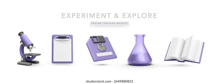 Science and Research Icons Featuring Microscope, Clipboard, Floppy Disk, Flask, and Open Book in Bright 3D Style. Ideal for Lab, Education, and STEM Learning Projects. Vector Illustration.