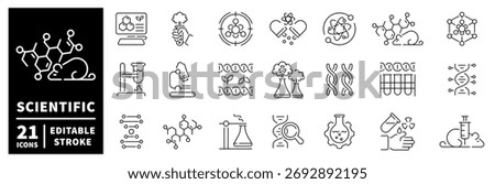 Science and research icons set. editable line icons, outline, lab and data symbols