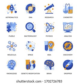 Science research icons set in flat style. Astronautics, chemistry, bacteriology, physics, genetic modification and DNA analysis, knowledge signs. Scientific industry pictograms for UX UI design.