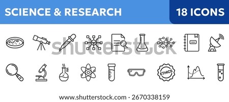  science and research icons  with telescope, microscope, laboratory, experiment, analysis