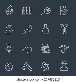 Science and research icons, thin line design, dark background