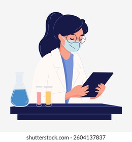 Science research illustration. Woman conduct scientific experiment with flasks and reagents. Scientist girl is experimenting with equipment. Vector illustration