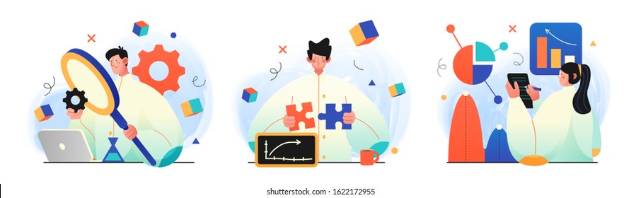 Science research illustrations. Concept illustrations of Scientists characters making research in a laboratory. Perfect for web design, banner, mobile app, landing page