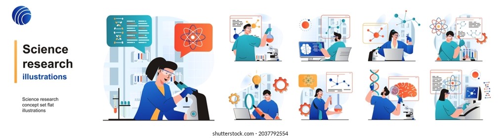 Science research isolated set. Scientists make tests on laboratory equipment. People collection of scenes in flat design. Vector illustration for blogging, website, mobile app, promotional materials.