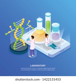 Science research isometric glow background with images of dna molecule and test tubes with colourful liquids vector illustration