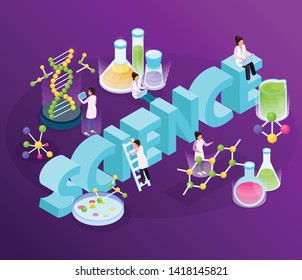 Science research isometric glow composition with big 3d text images of complex molecules and human characters vector illustration