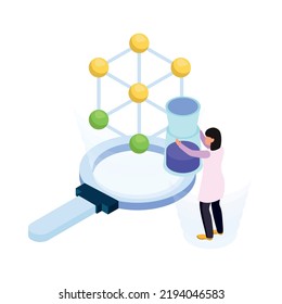 Science research isometric icon with human character of scientist molecule magnifier 3d vector illustration