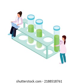 Science research isometric icon with two scientists and rack with glass tubes 3d vector illustration