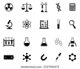 Vektorsymbol-Set für wissenschaftliche Forschungslaborgeräte. DNA, Mikroskop, Reagenzglas, Becher, Magnet. Vektorgrafik.