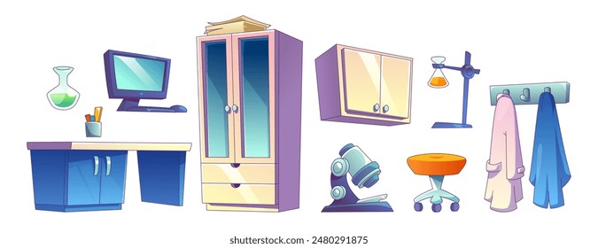 Science research lab room interior cartoon vector. Medical or chemical experiment equipment isolated station set. Chemist beaker flask, computer screen, table and microscope tool 2d workspace design