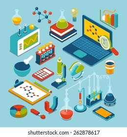 Science research lab technology objects icon set flat 3d isometric modern design template. Laptop flask microscope bulb pounder chemical formula calculator oscilloscope process reacion collection