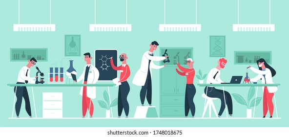 Science research laboratory. Chemical scientist researchers in lab coats, lab worker clinic experiments isolated vector illustration. Research scientist, chemist laboratory, chemical and medical