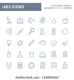 Science research, Laboratory experiments and equipments - simple outline icon set. Editable strokes and Layered (each icon is on its own layer with proper name) to enhance your design workflow.
