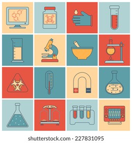 Science and research laboratory flat line icons set with glass microscope mortar and pestle beaker isolated vector illustration