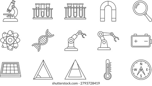 Science research laboratory hand drawn line icon collection with equipment symbols