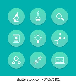 Science, research, laboratory icons, aquamarine set, vector illustration