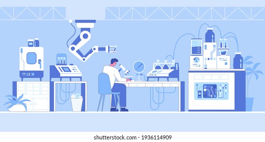 Interior de laboratorio de investigación científica con tecnología robótica. Científico examina en microscopio, realiza investigación química, la mano de un robot sostiene tubo de ensayo, equipo de laboratorio. Ilustración de carácter de vector