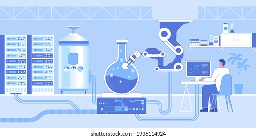 Science research laboratory interior with robotic technology. Scientist examines molecules on computer, drug develop, robot hand conducts chemical experiment in flask. Vector character illustration