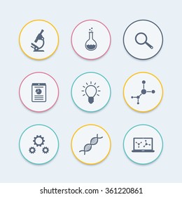 Science, research, laboratory, microscope round icons, vector illustration