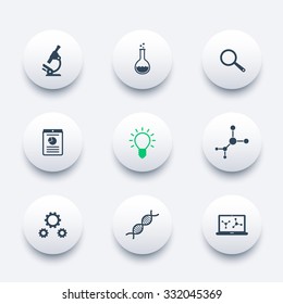 Science, research, laboratory round modern icons, vector illustration