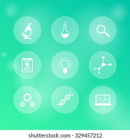 Science, research, laboratory round white icons, vector illustration