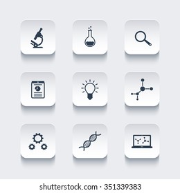 Science, research, laboratory rounded square icons, vector illustration
