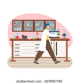 Wissenschaftliche Forschungslaboratorien. Wissenschaftler männlich tragende Laborablage mit Röhren, flache Vektorgrafik. Laboreinrichtung mit Möbeln und Glaswaren. Wissenschaftliche Forschung, Experimente, Bildung.