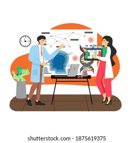 Science research laboratory scene. Scientists male and female characters in lab coats doing research using laboratory equipment, giving presentation, flat vector illustration. Science and education.