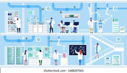 Science research in laboratory vector illustration. Cartoon flat people scientists make lab experiment, character works on computer, analysis scientific equipment. Medical chemical pharmacy technology