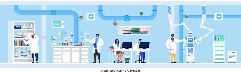 Investigación científica en la ilustración de los vectores de laboratorio. Científicos de caricaturas planas hacen experimentos de laboratorio, trabajos de personajes en computadoras, análisis de equipos científicos. Tecnología de farmacia química médica