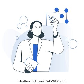 Science research. Laboratory worker in uniform examines atoms and molecules and observes results of scientific experiment. Woman physicist. Cartoon outline vector illustration isolated on background