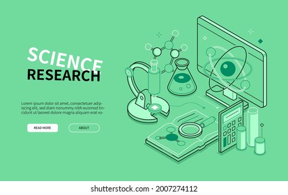 Science research - line design style isometric web banner with copy space for text. Studying, laboratory, education, investigation header on green background. Flasks, tubes, microscope, neutron, book