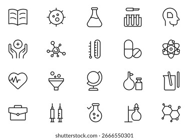 Conjunto de iconos de línea de Ciencia e investigación. Icono grande de la interfaz de usuario establecido en un diseño plano. Paquete de iconos de contorno delgado. Ilustración vectorial. trazo editable