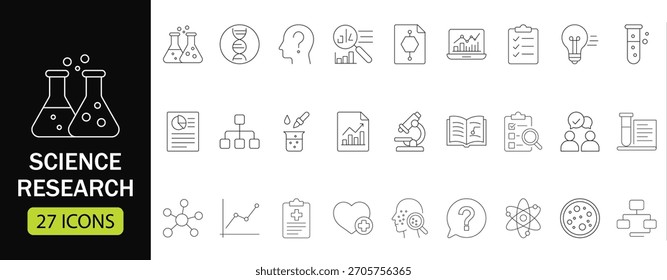 Science Research line icon set. Featuring laboratory, chemistry, DNA, biology, data analysis, and scientific process concepts. Perfect for educational websites and research infographics.