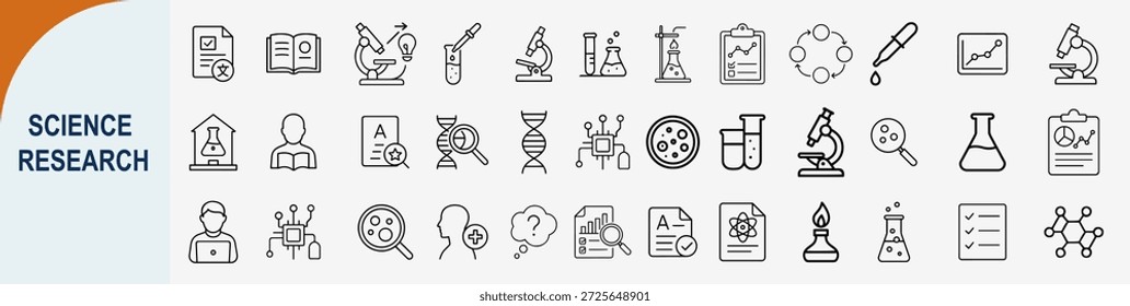 Conjunto de iconos de línea de investigación científica para el estudio de laboratorio y el Vector de experimentos científicos