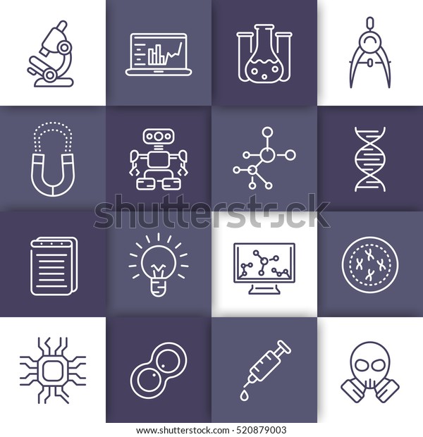 Science and research line icons set, laboratory,\
genetics, chemistry, physics, integrated circuit design, robotics,\
mechanical 