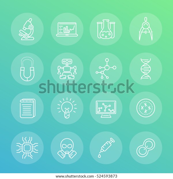 Science and research line icons set, robotics,\
mechanical engineering, integrated circuit design, laboratory,\
chemistry, physics, 