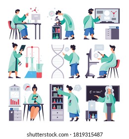 Science research microbiology chemistry physics clinical laboratory technologists scientists equipment presentation 9 flat compositions isolated vector illustration 