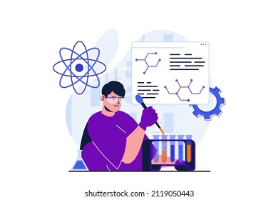 Science research modern flat concept for web banner design. Man drips liquid from pipette into test tubes, makes experiment, discoveries in laboratory. Vector illustration with isolated people scene