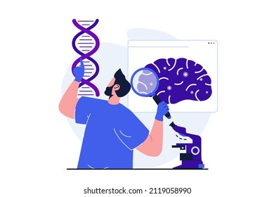 Science research modern flat concept for web banner design. Man studies dna molecule and examines brain with magnifier, makes neurobiology experiment. Vector illustration with isolated people scene