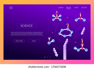 Science and research - modern isometric vector web banner with copy space for text. Chemical bonds, students or scientists images. Chemistry, laboratory illustration. Education, research and studying