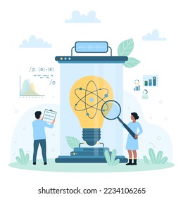 Science research in nuclear physics vector illustration. Cartoon tiny scientist learning abstract atom model inside light bulb laboratory machine with magnifying glass, scientific test and thinking