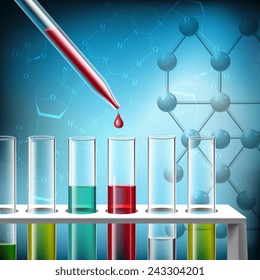 Science research with pipette and analysis tubes closeup realistic background vector illustration