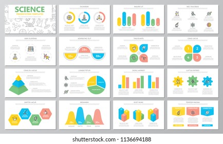 Science and research presentation templates elements on white background. Vector infographics, flyer and leaflet, corporate report, marketing, advertising, banner.